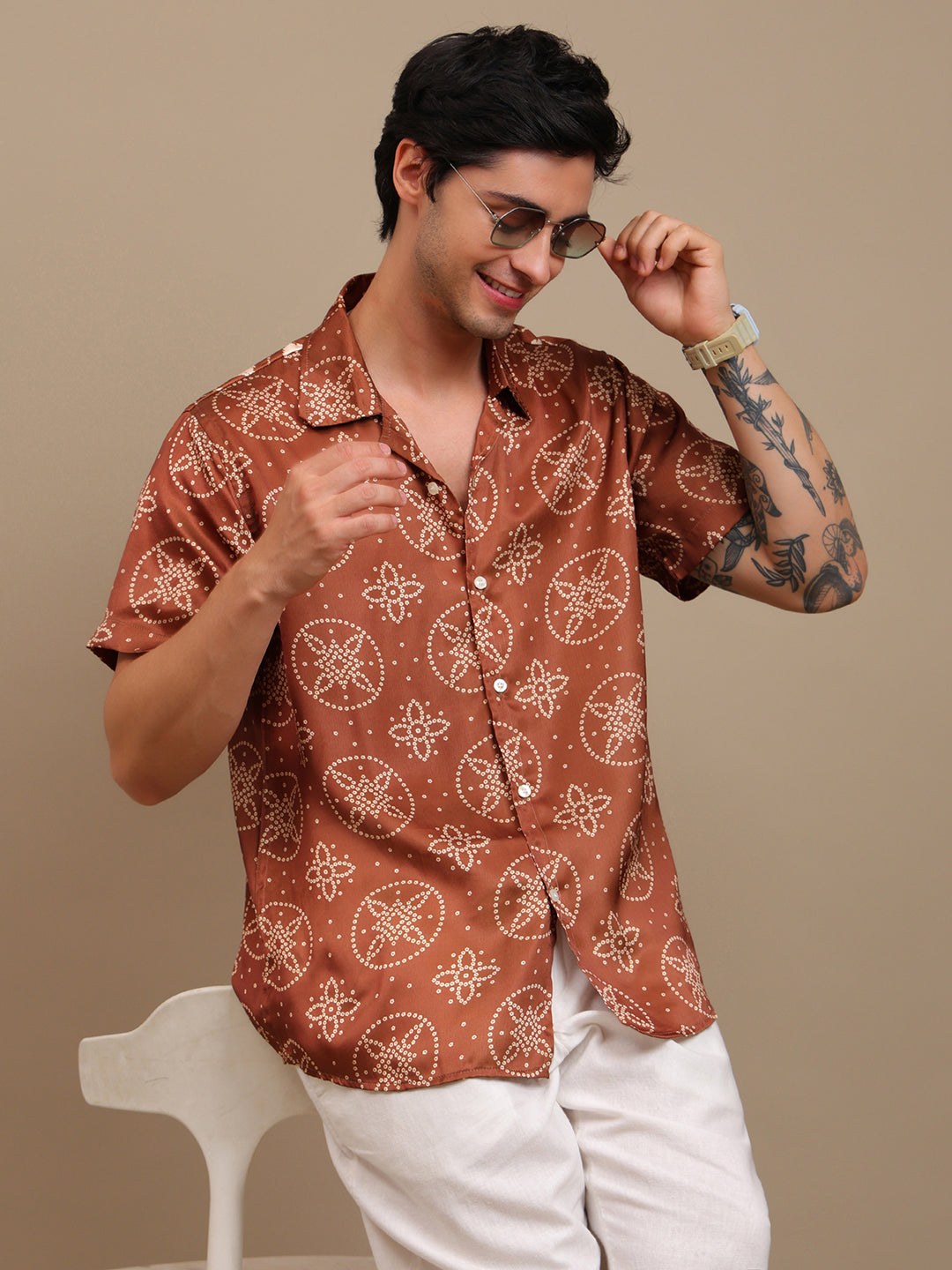 Stylish Brown Bandhani Ethnic Shirt for Men