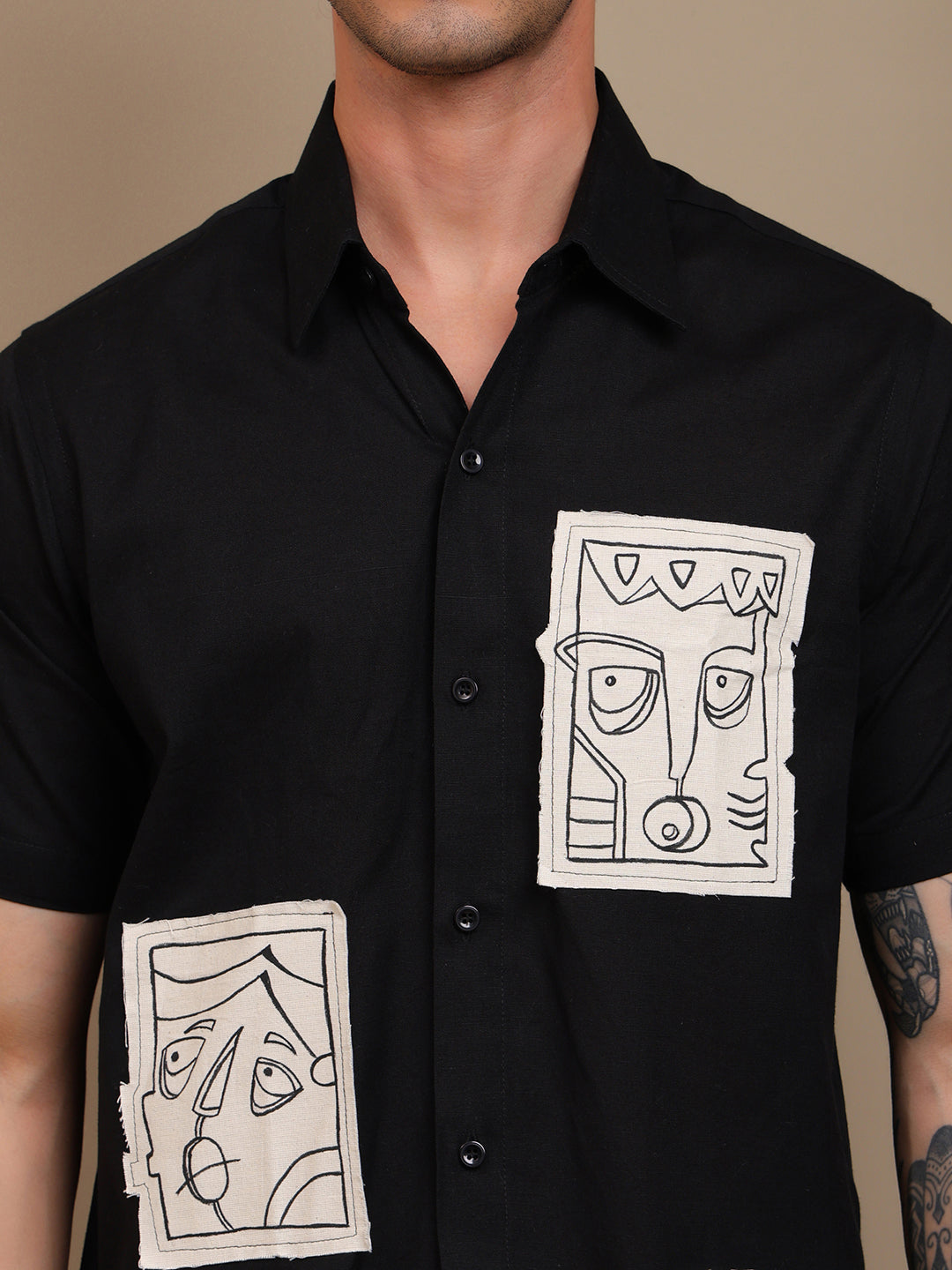 Stylish Black Shirt with Handcrafted Art Patches