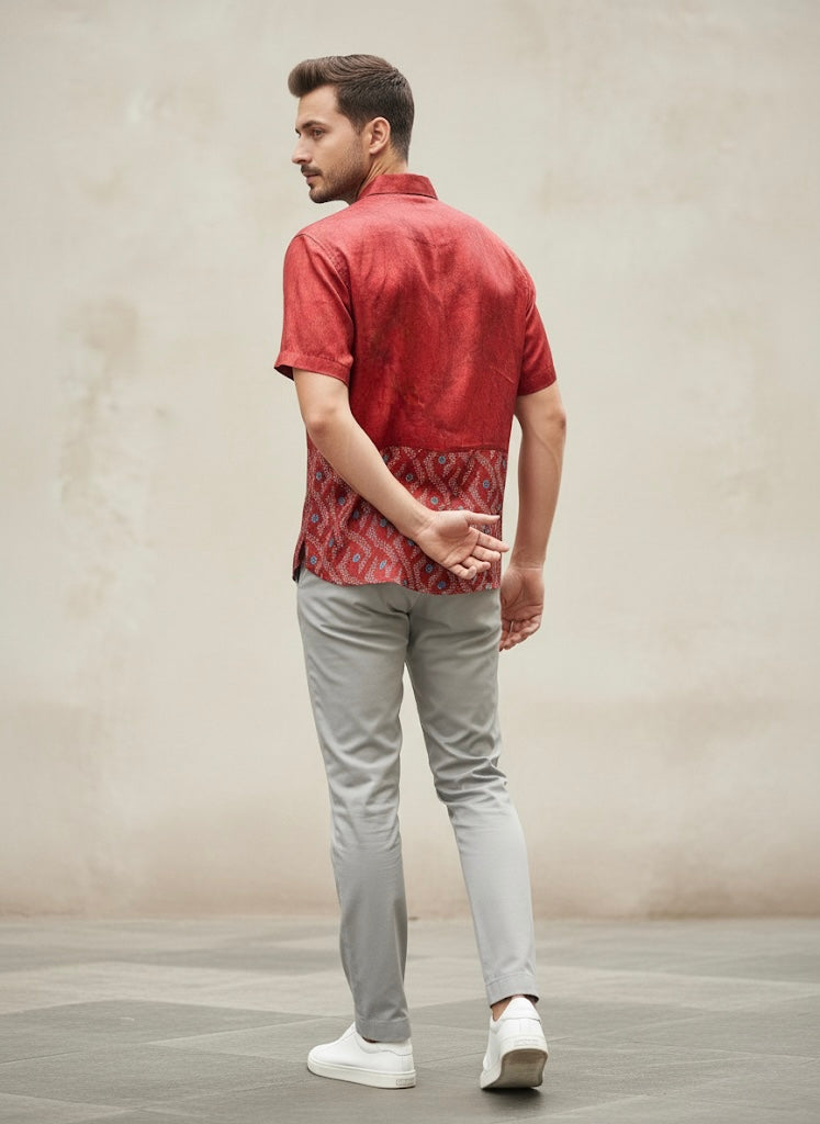Elegant Red Satin Bandhani Shirt for Men