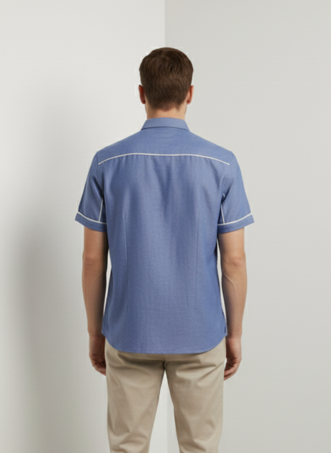 Men’s Blue Short Sleeve Shirt with White Piping Detail