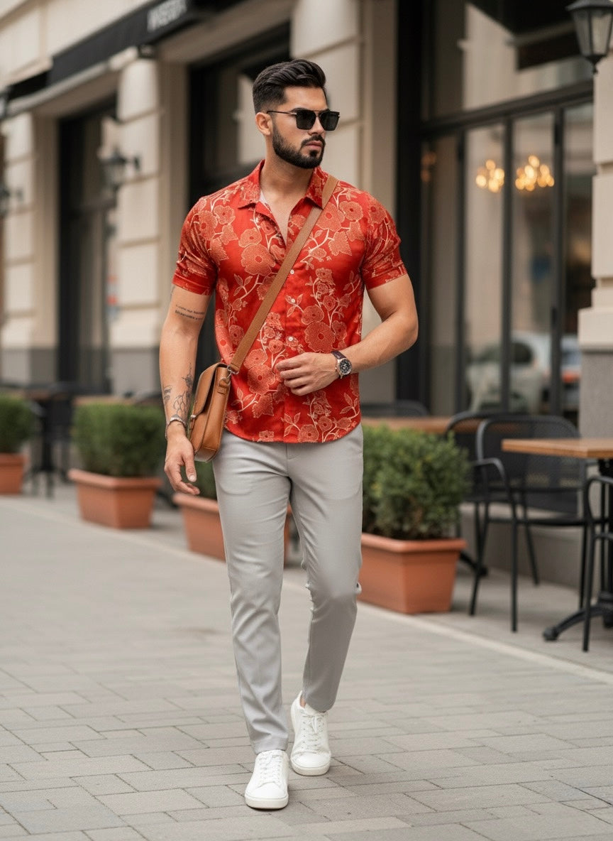 Men’s Red Satin Floral Print Shirt