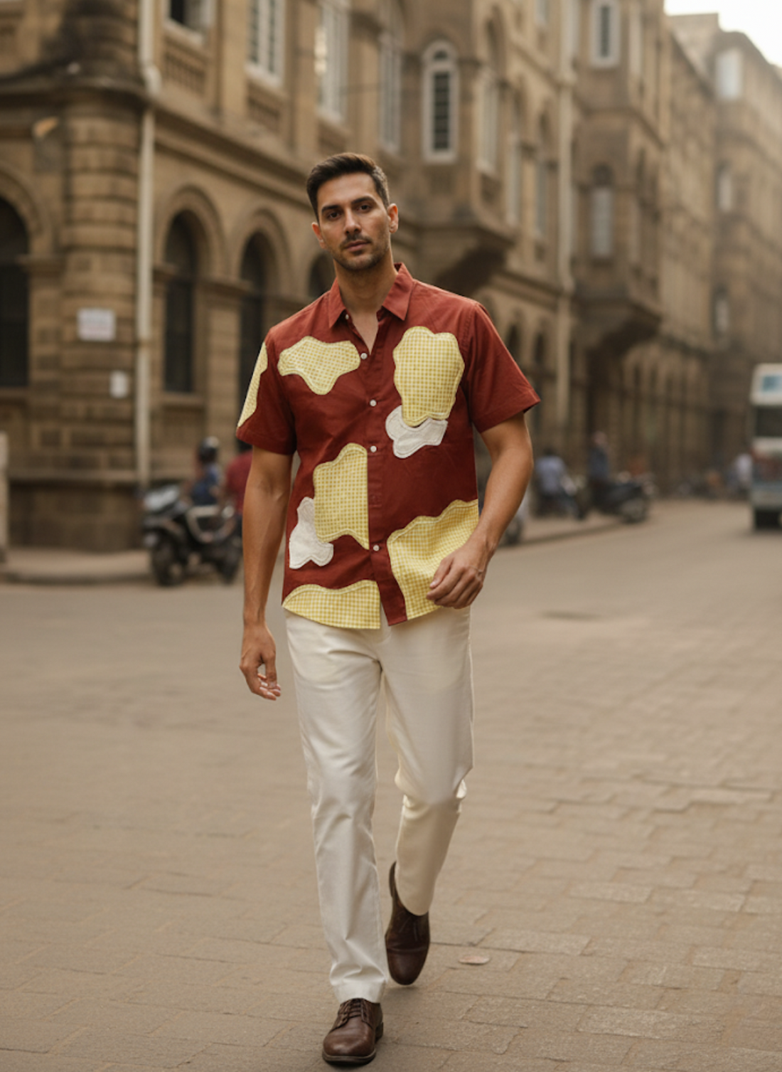 Men’s Brown Linen Cotton Shirt – Patchwork Design, Half Sleeve