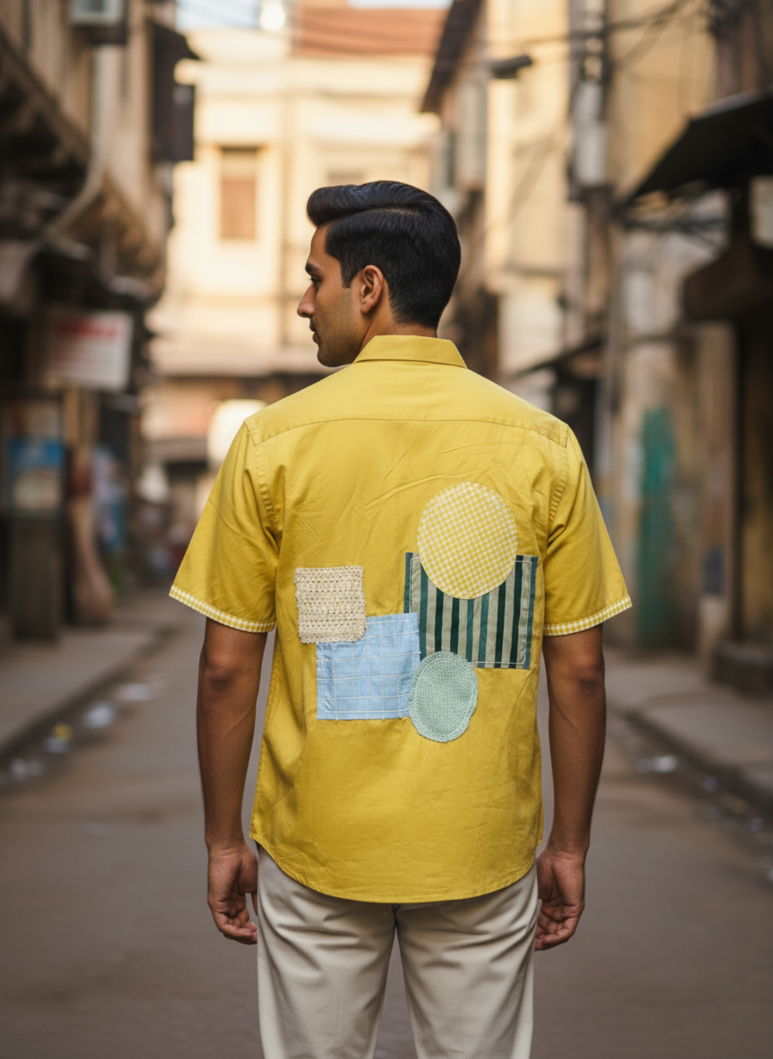 Men’s Yellow Cotton Shirt with Front & Back Patchwork Design