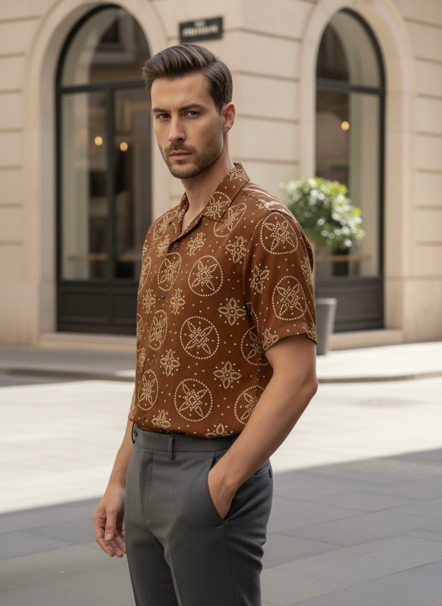 Premium Brown Satin Shirt for Men – Ethnic Fusion Design