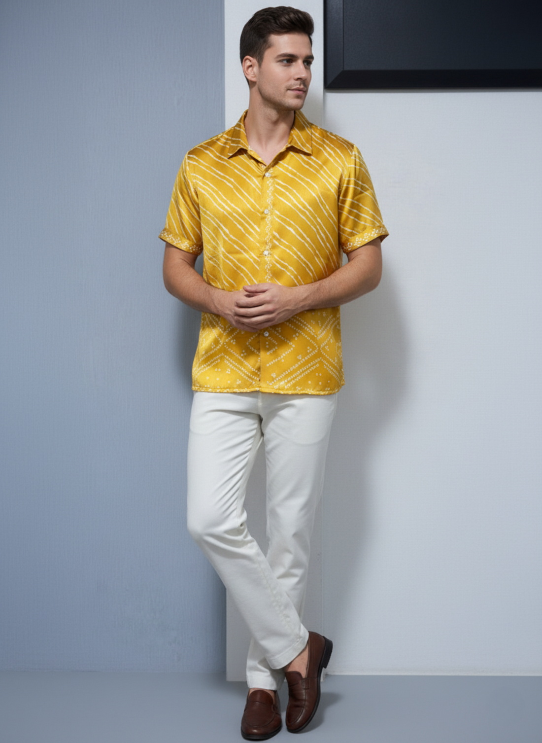 Golden Yellow Satin Short-Sleeve Shirt with Batik-Inspired Print