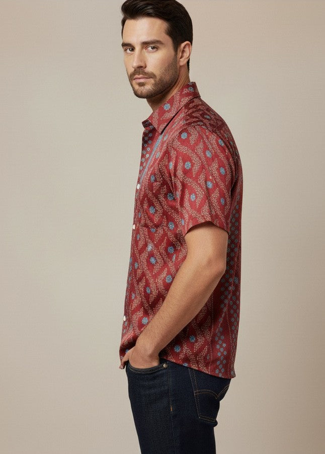 Premium Red Satin Shirt for Men – Festive Ikat Fusion Design