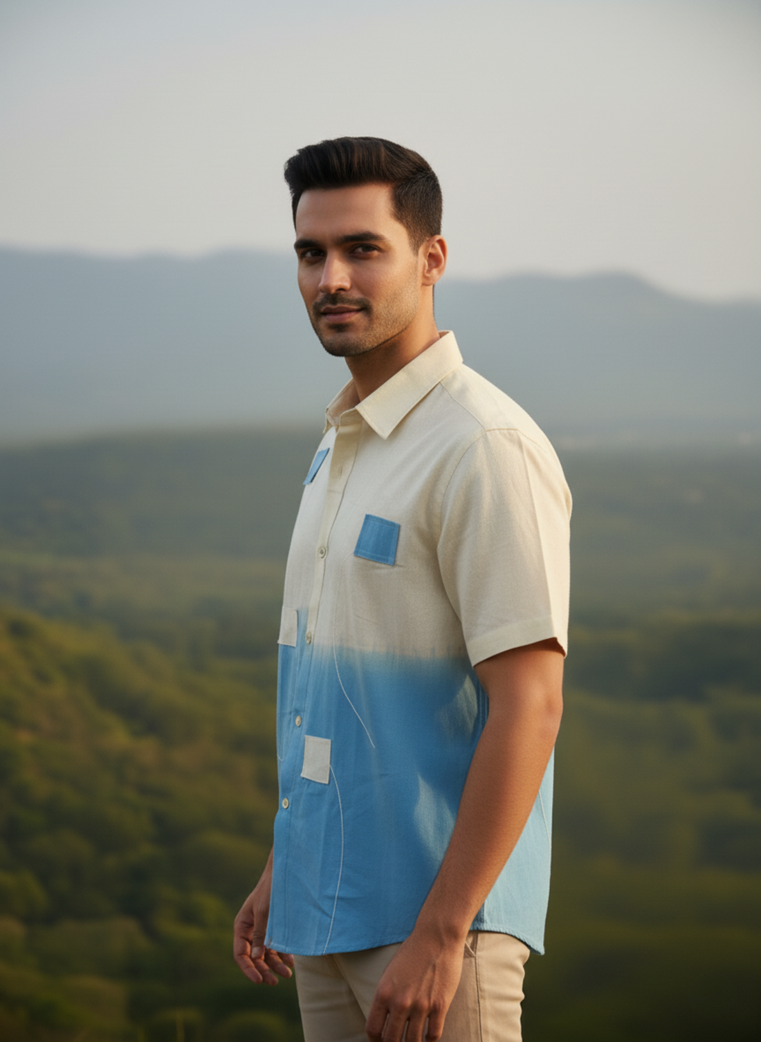 Men’s Linen Cotton Half Sleeve Shirt – Modern Ombre Fusion Style