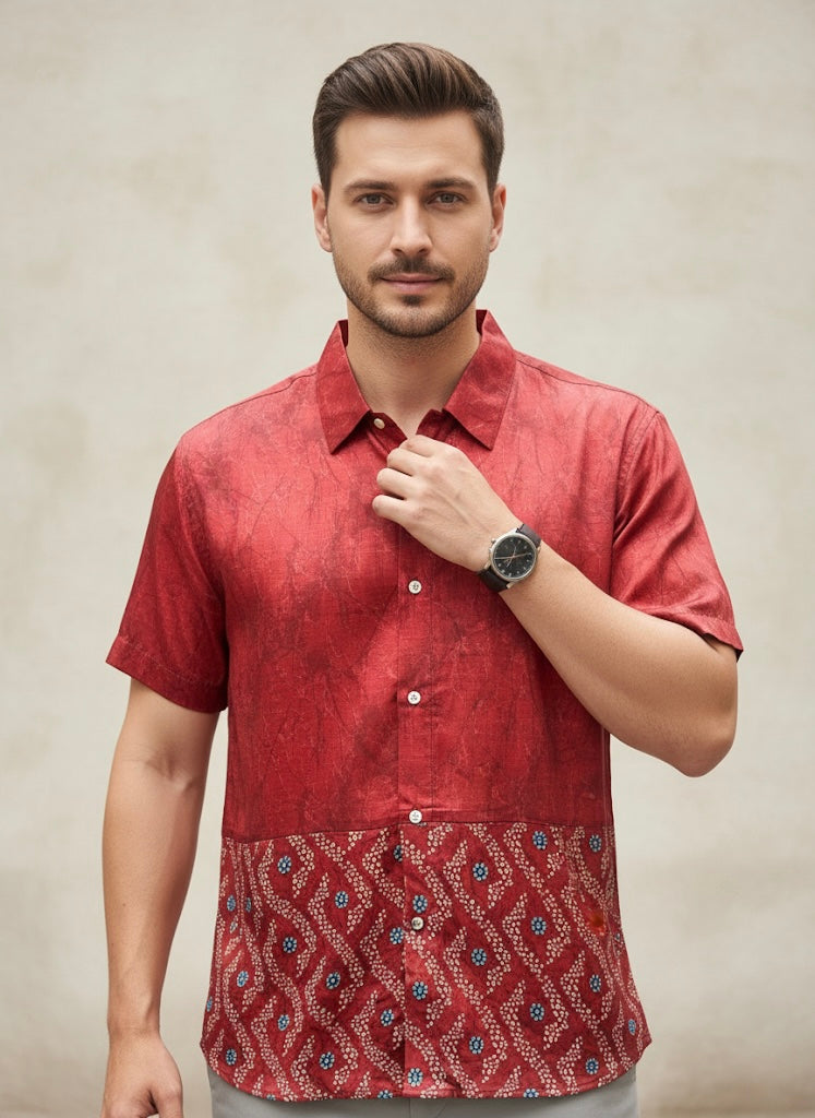 Elegant Red Satin Bandhani Shirt for Men
