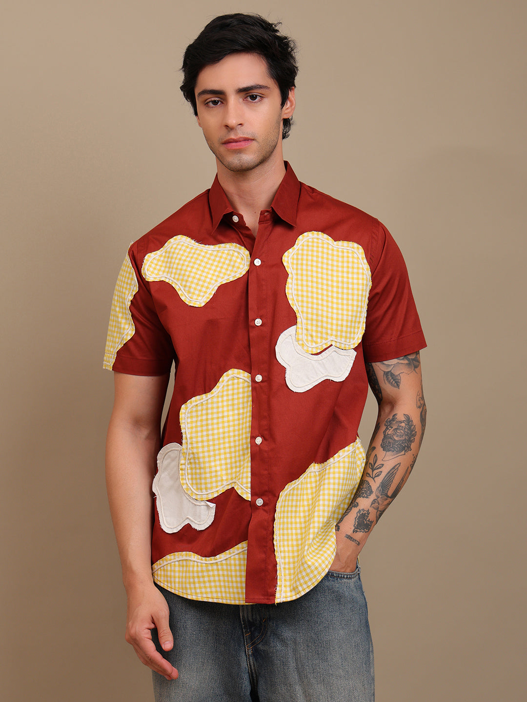 Bold Red Patchwork Men’s Shirt