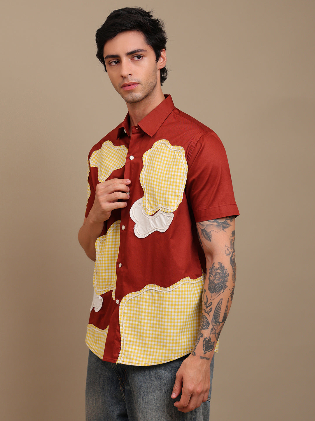 Bold Red Patchwork Men’s Shirt