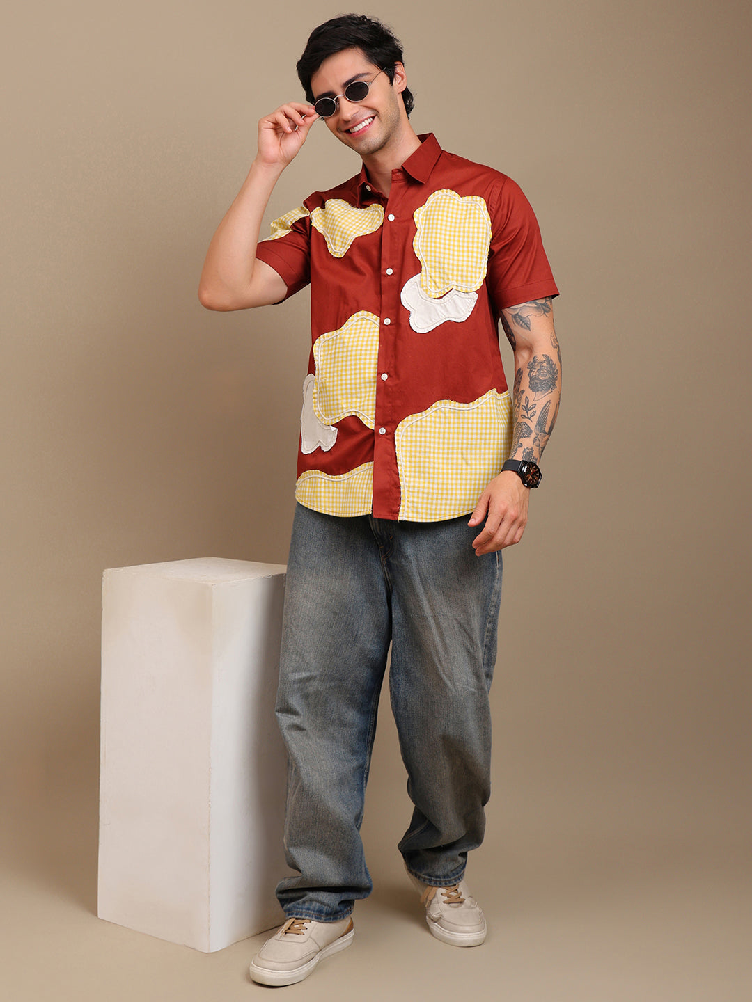 Bold Red Patchwork Men’s Shirt