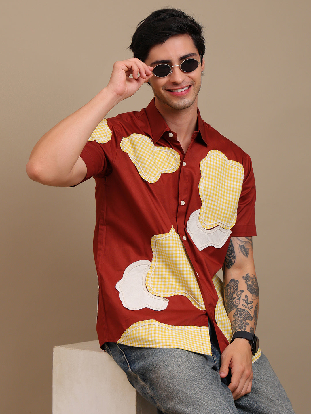 Bold Red Patchwork Men’s Shirt