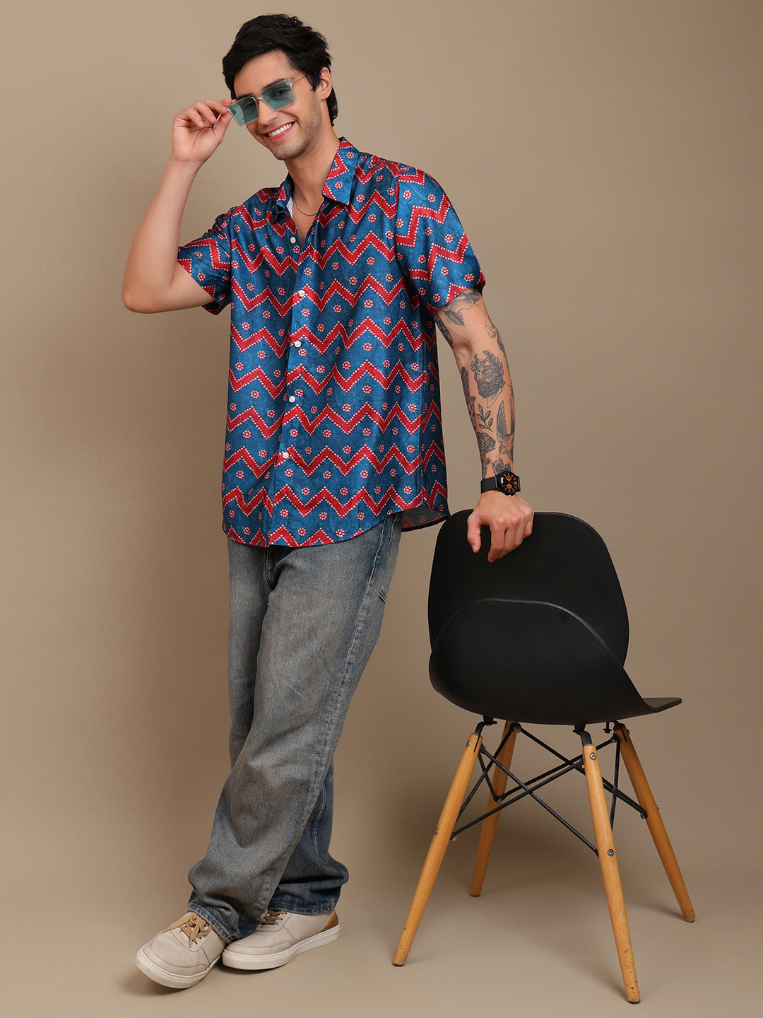 Men’s Blue Red Bandhni Print Shirt