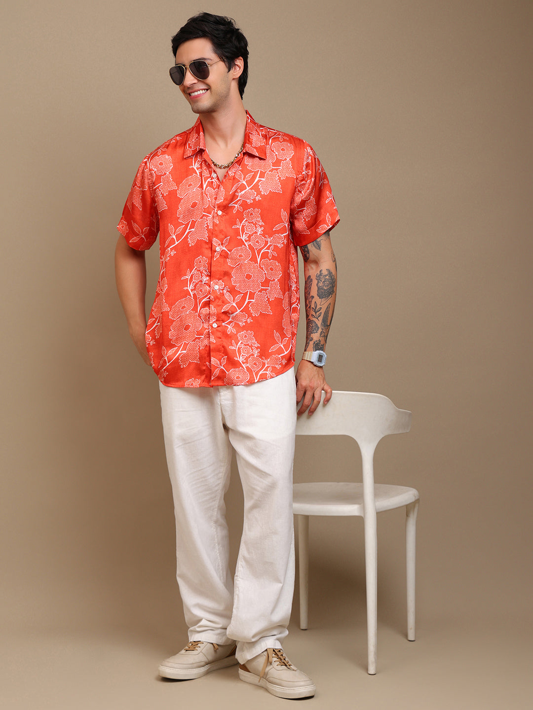 Men’s Orange Bandhani Printed Ethnic Shirt