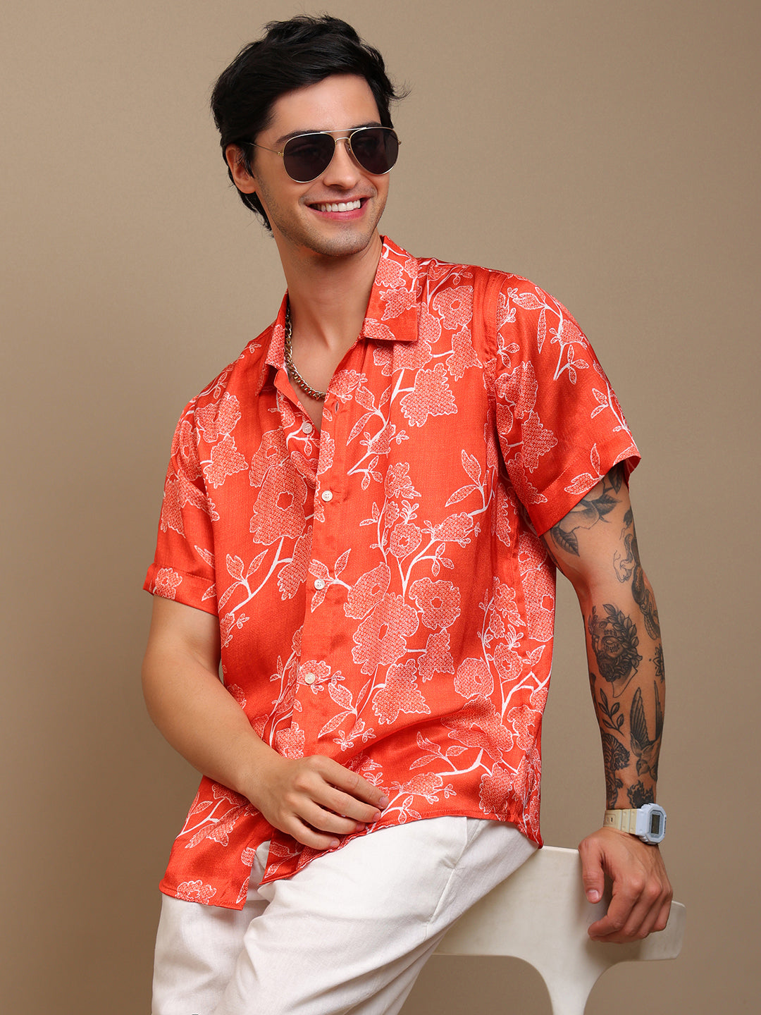Men’s Orange Bandhani Printed Ethnic Shirt