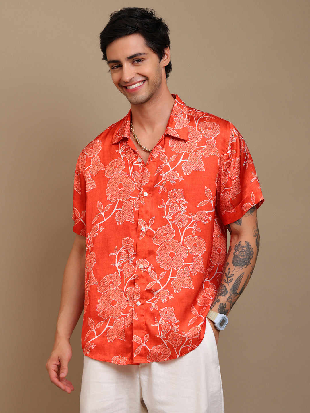 Men’s Orange Bandhani Printed Ethnic Shirt