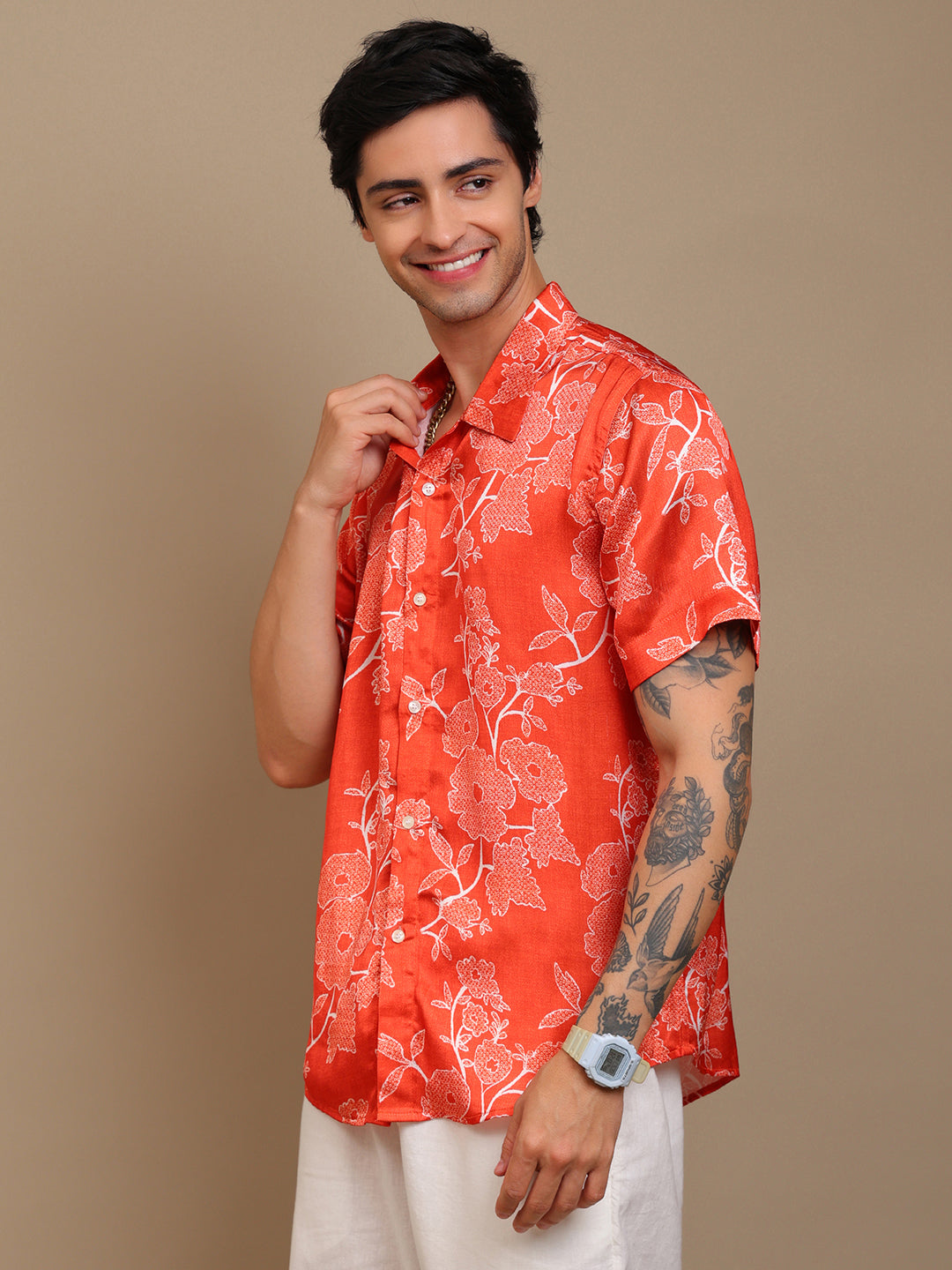 Men’s Orange Bandhani Printed Ethnic Shirt