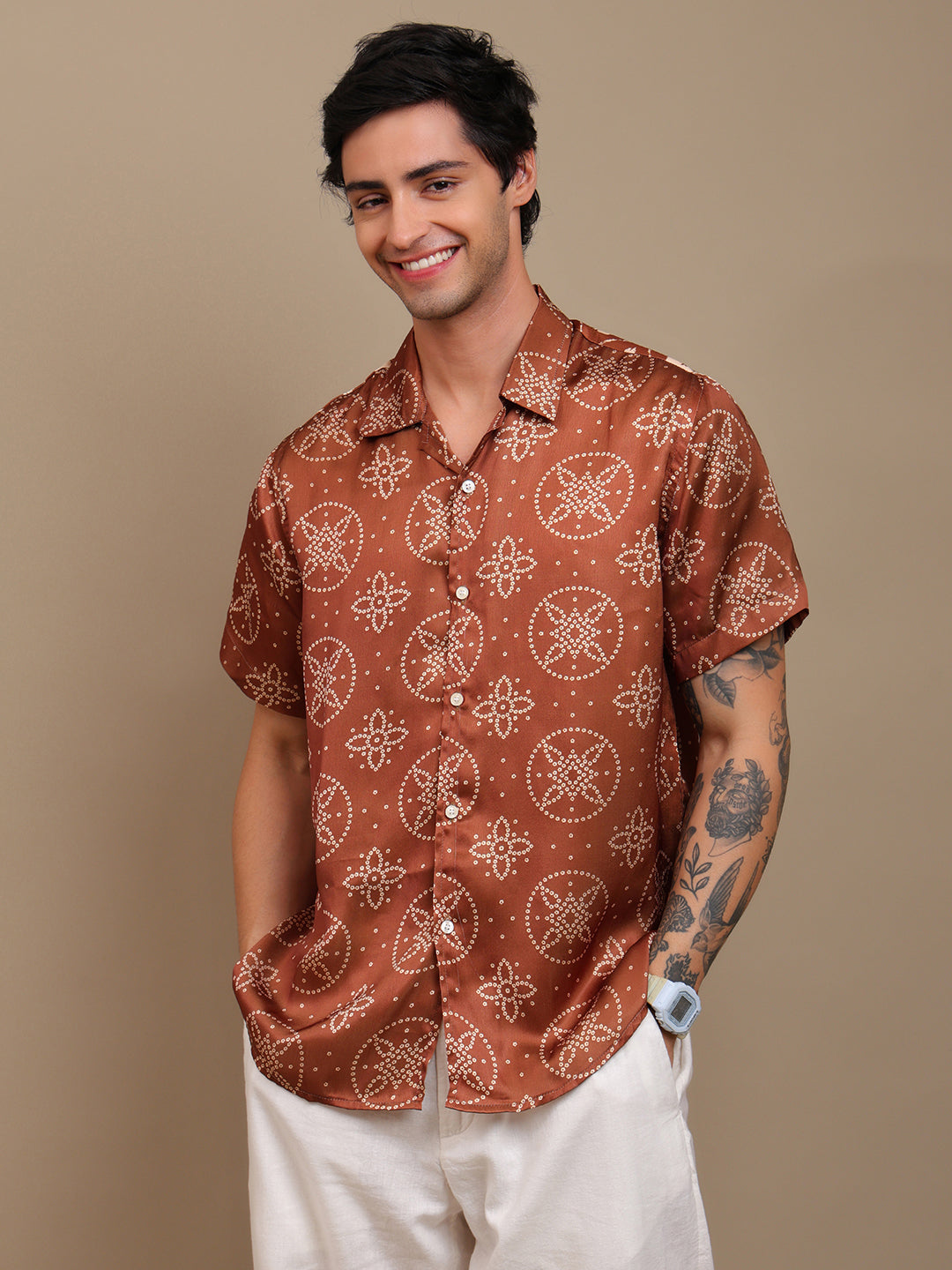 Stylish Brown Bandhani Ethnic Shirt for Men