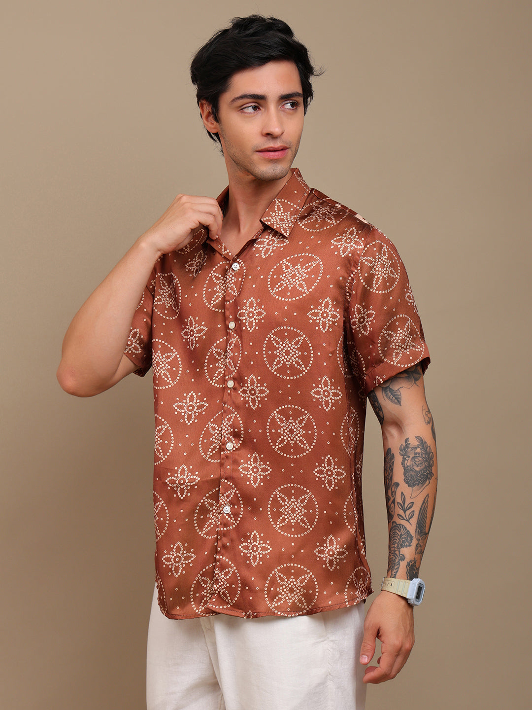 Stylish Brown Bandhani Ethnic Shirt for Men