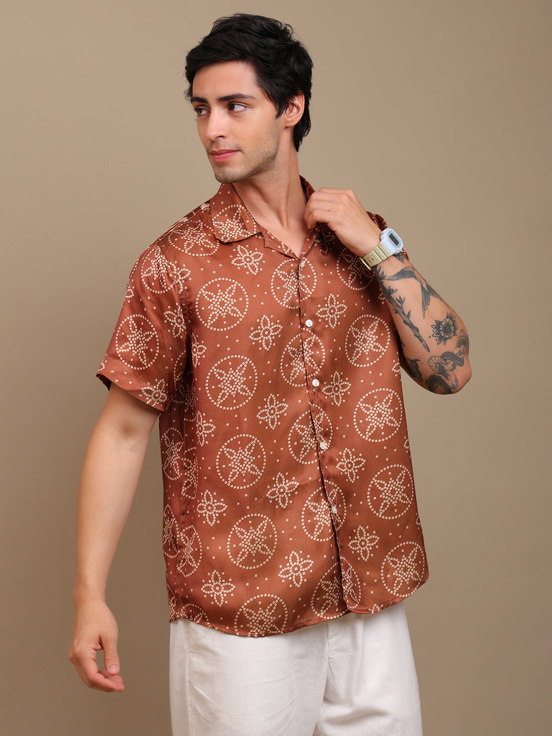 Stylish Brown Bandhani Ethnic Shirt for Men