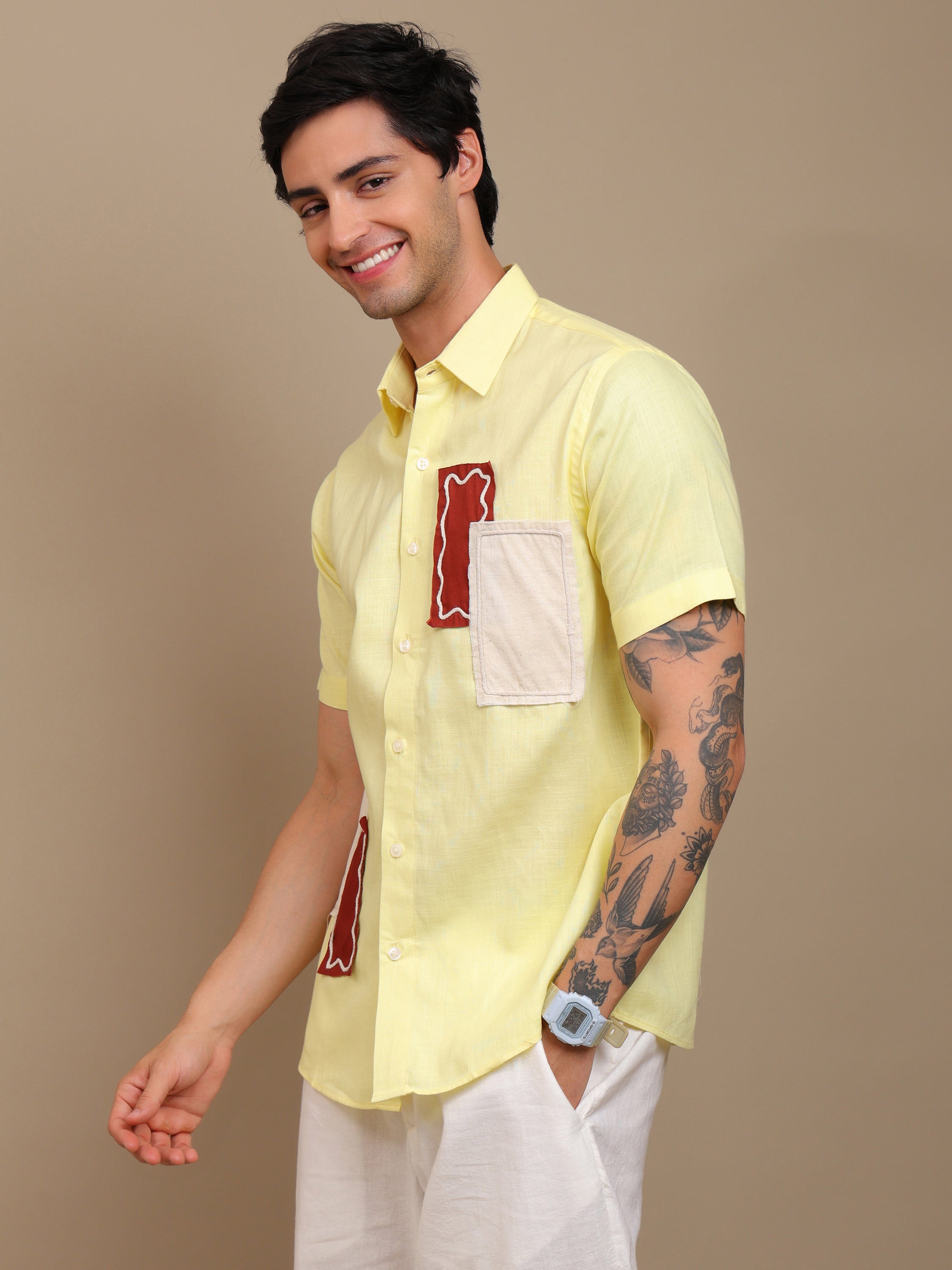 Yellow Shirt with Unique Patchwork Design