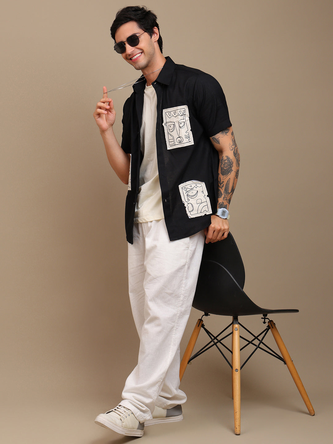 Stylish Black Shirt with Handcrafted Art Patches