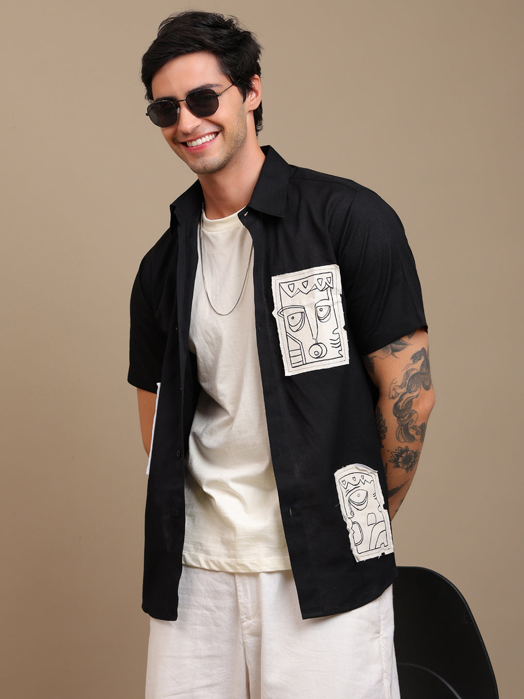 Stylish Black Shirt with Handcrafted Art Patches