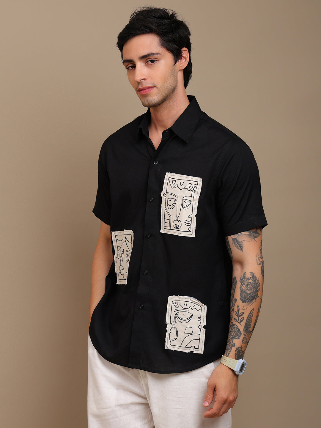 Stylish Black Shirt with Handcrafted Art Patches