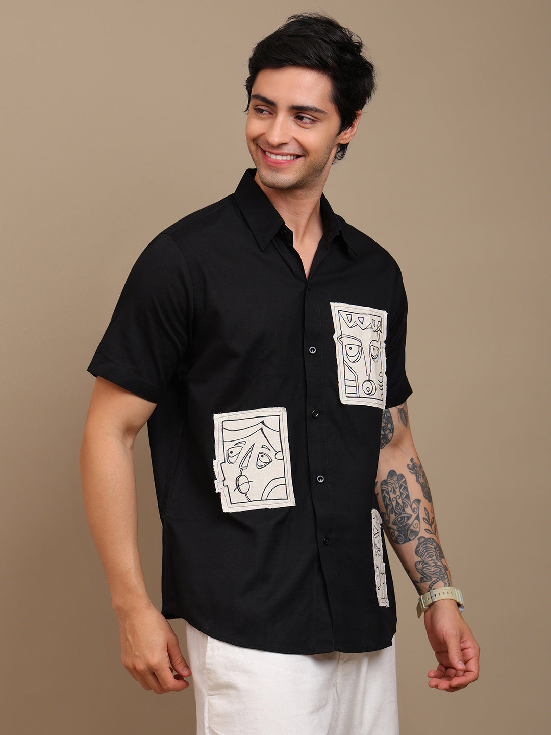 Stylish Black Shirt with Handcrafted Art Patches
