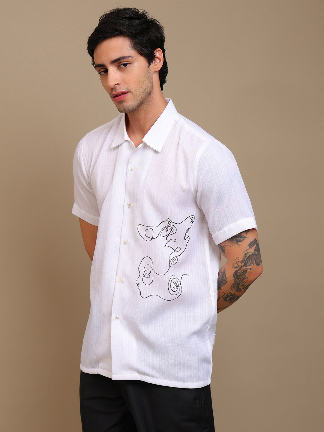 Artistic White Shirt with Unique Line Art Design
