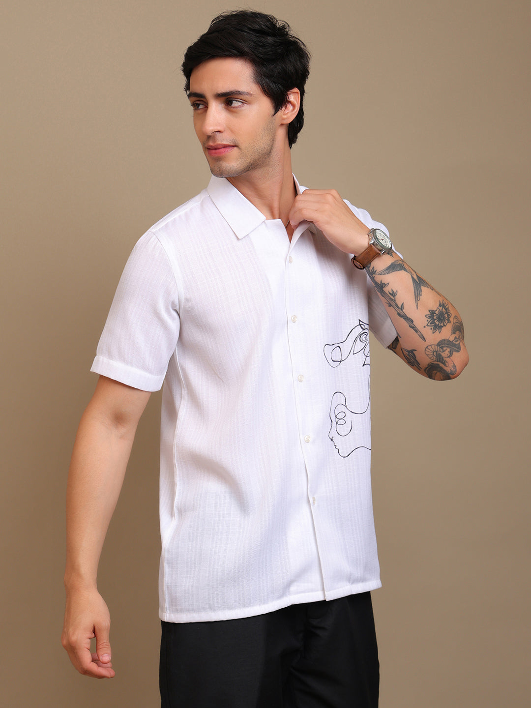 Artistic White Shirt with Unique Line Art Design