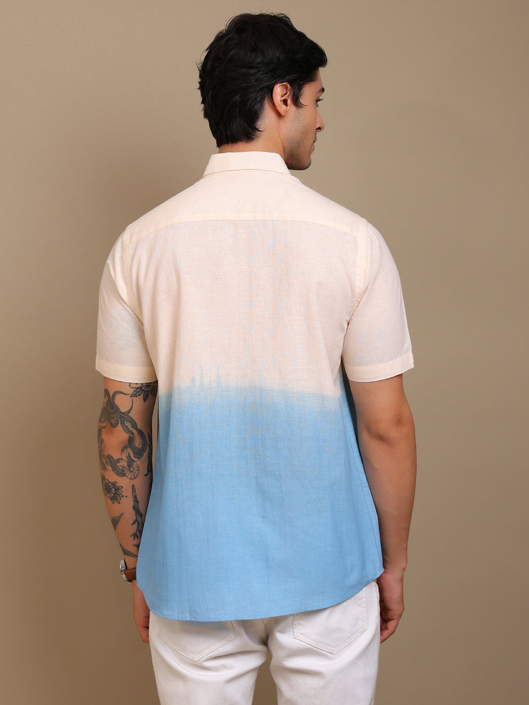 Handcrafted Beige-Blue Ombre Patch Shirt