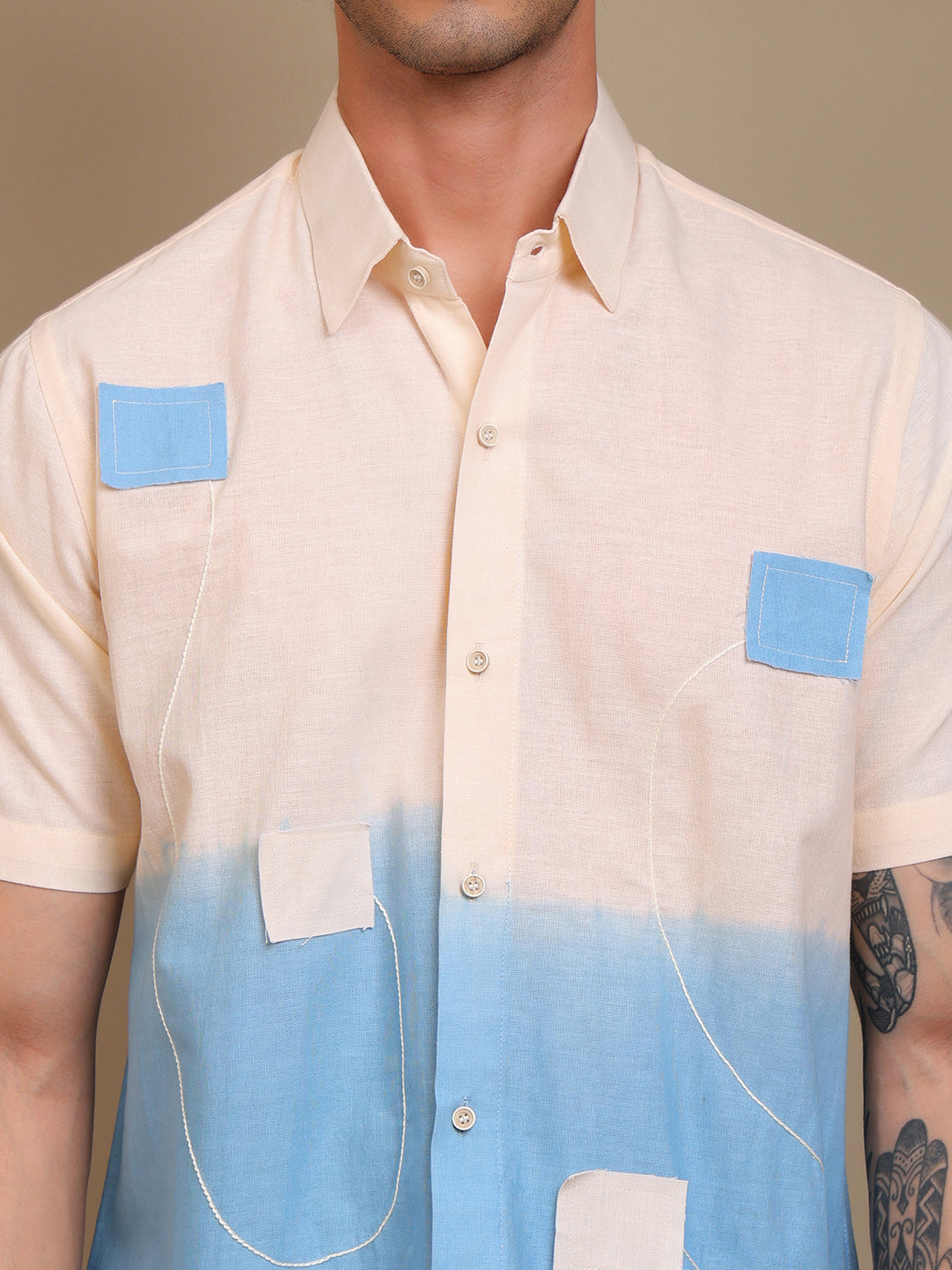 Handcrafted Beige-Blue Ombre Patch Shirt