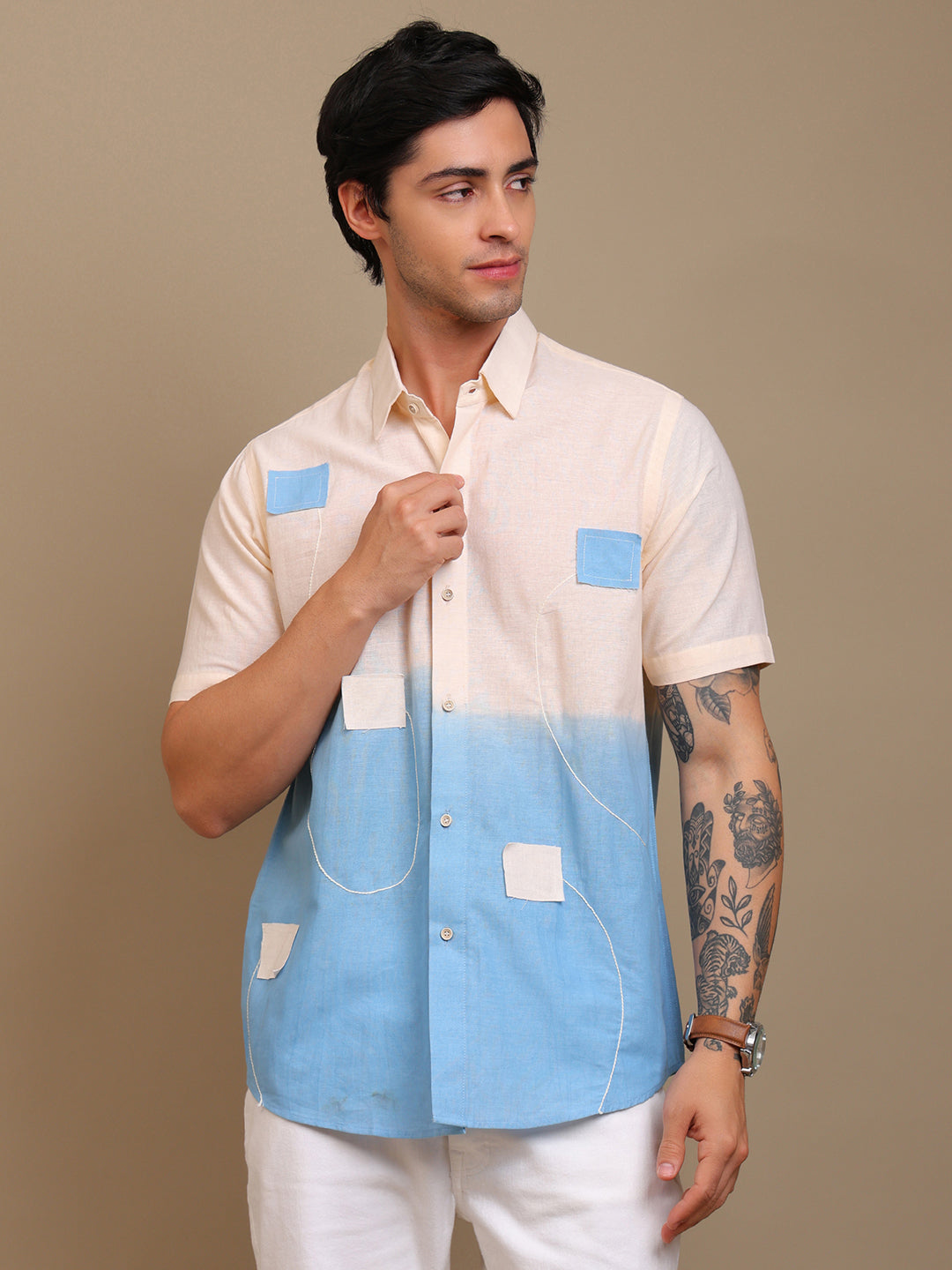 Handcrafted Beige-Blue Ombre Patch Shirt