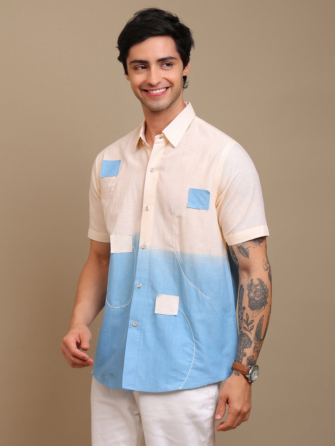 Handcrafted Beige-Blue Ombre Patch Shirt
