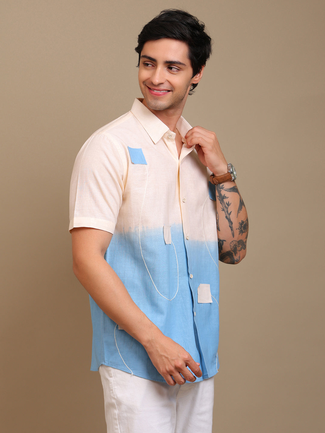 Handcrafted Beige-Blue Ombre Patch Shirt