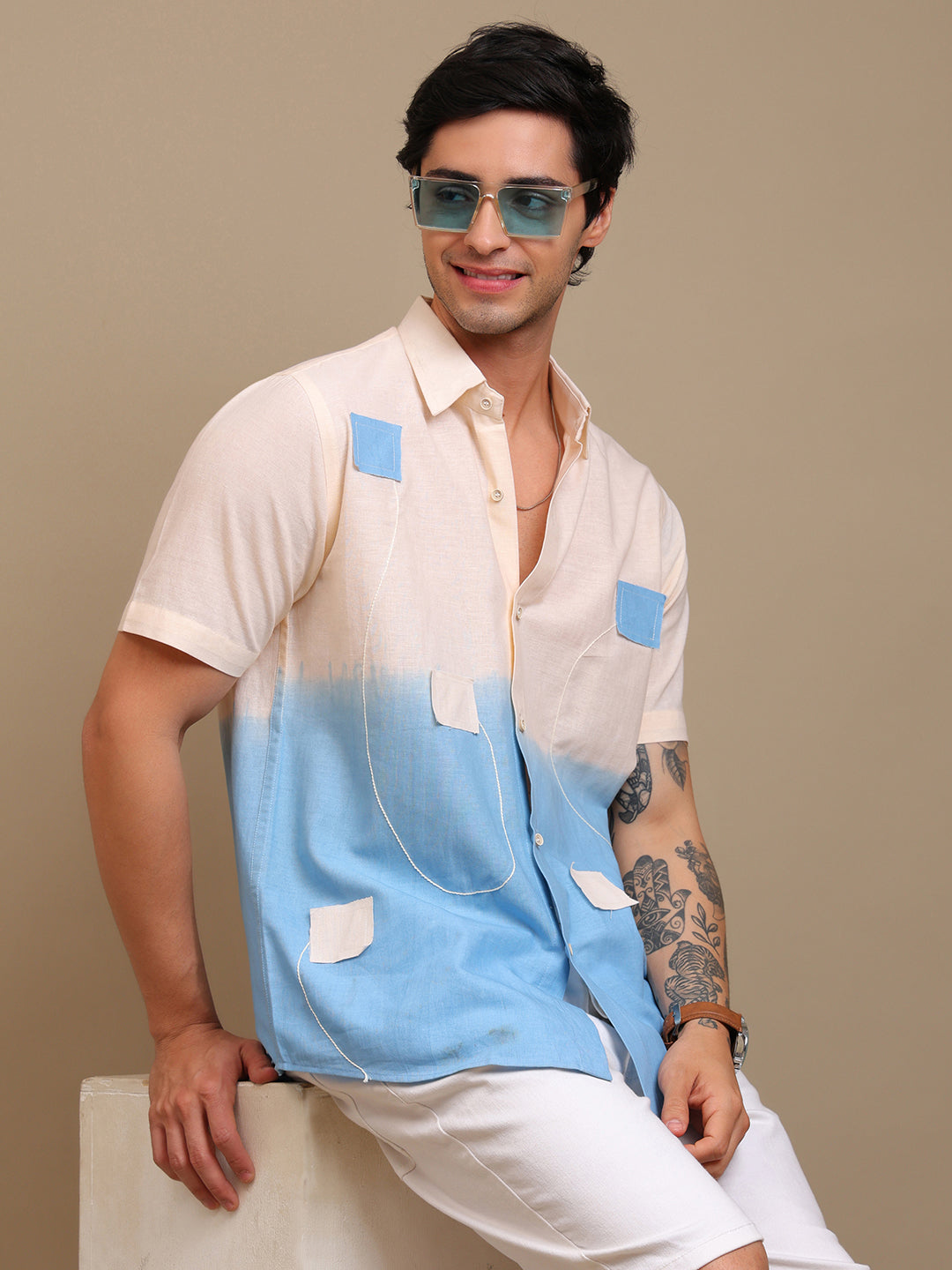 Handcrafted Beige-Blue Ombre Patch Shirt