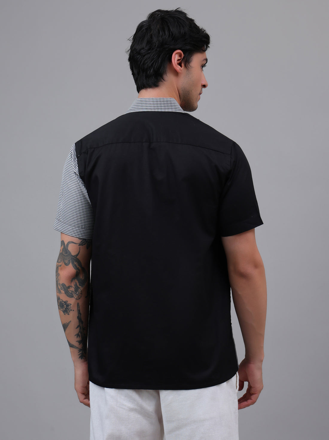 Black & Grey Dual-Tone Geometric Patch Shirt – Half Sleeve