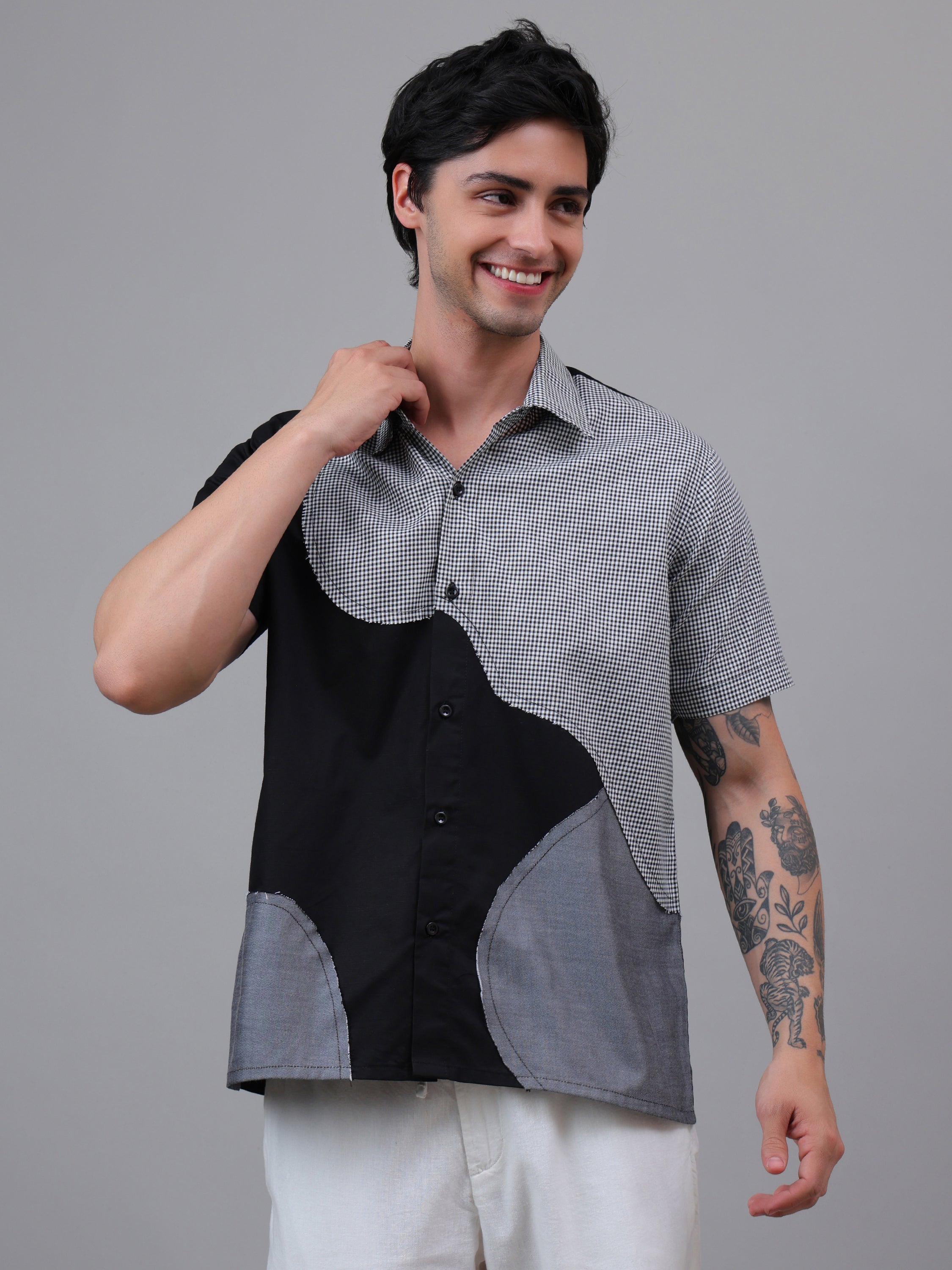 Black & Grey Dual-Tone Geometric Patch Shirt – Half Sleeve