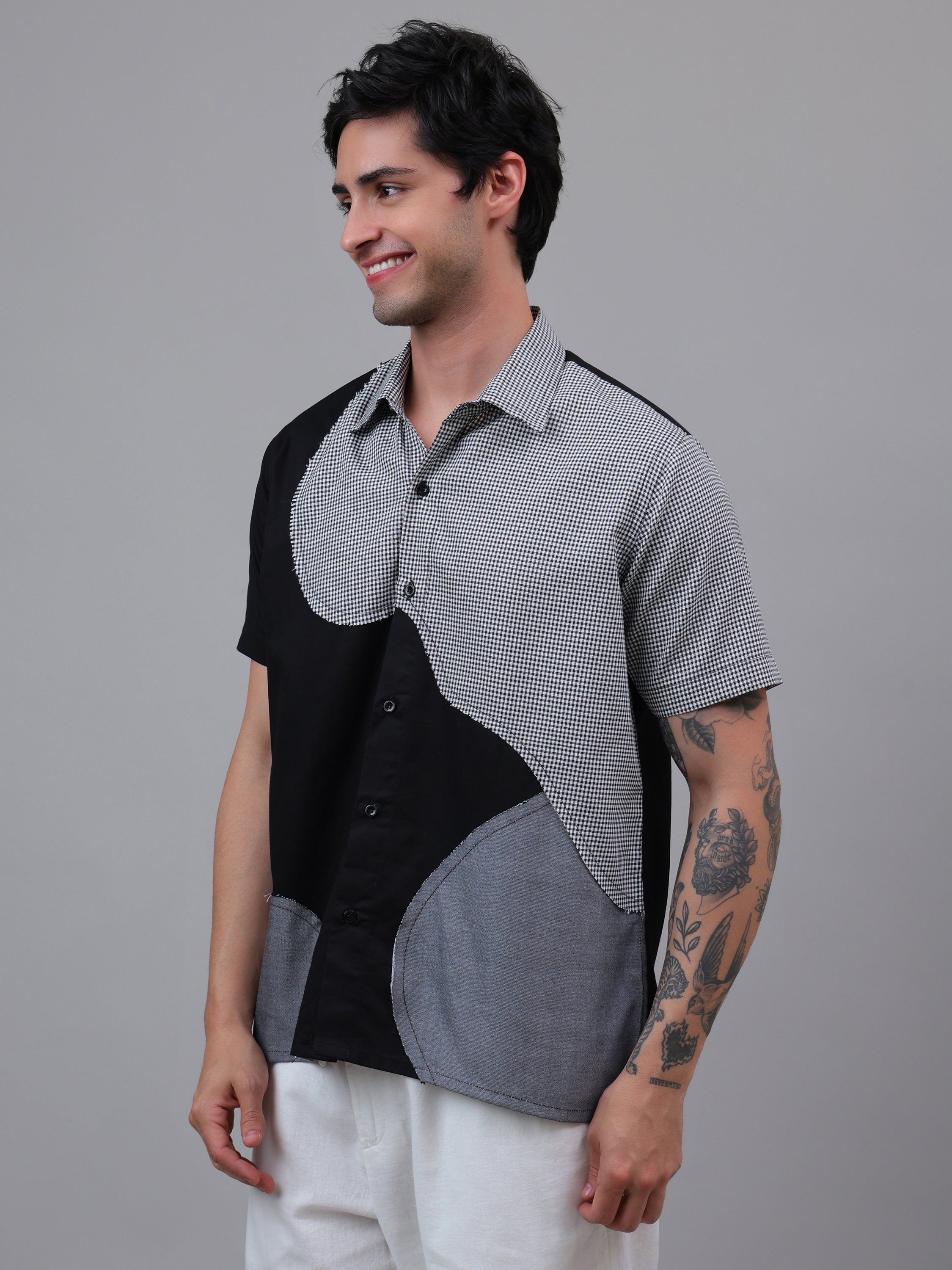 Black & Grey Dual-Tone Geometric Patch Shirt – Half Sleeve