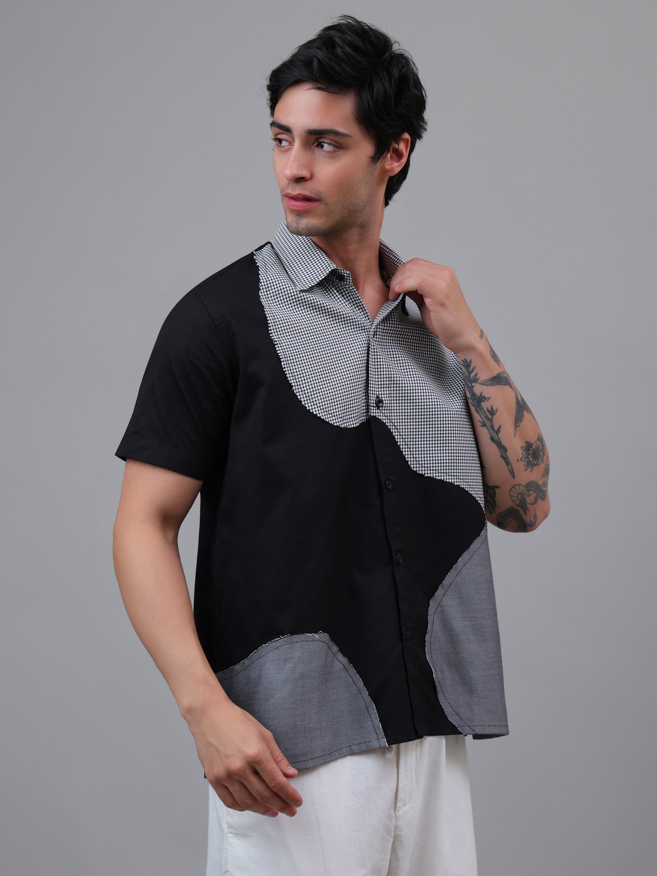 Black & Grey Dual-Tone Geometric Patch Shirt – Half Sleeve