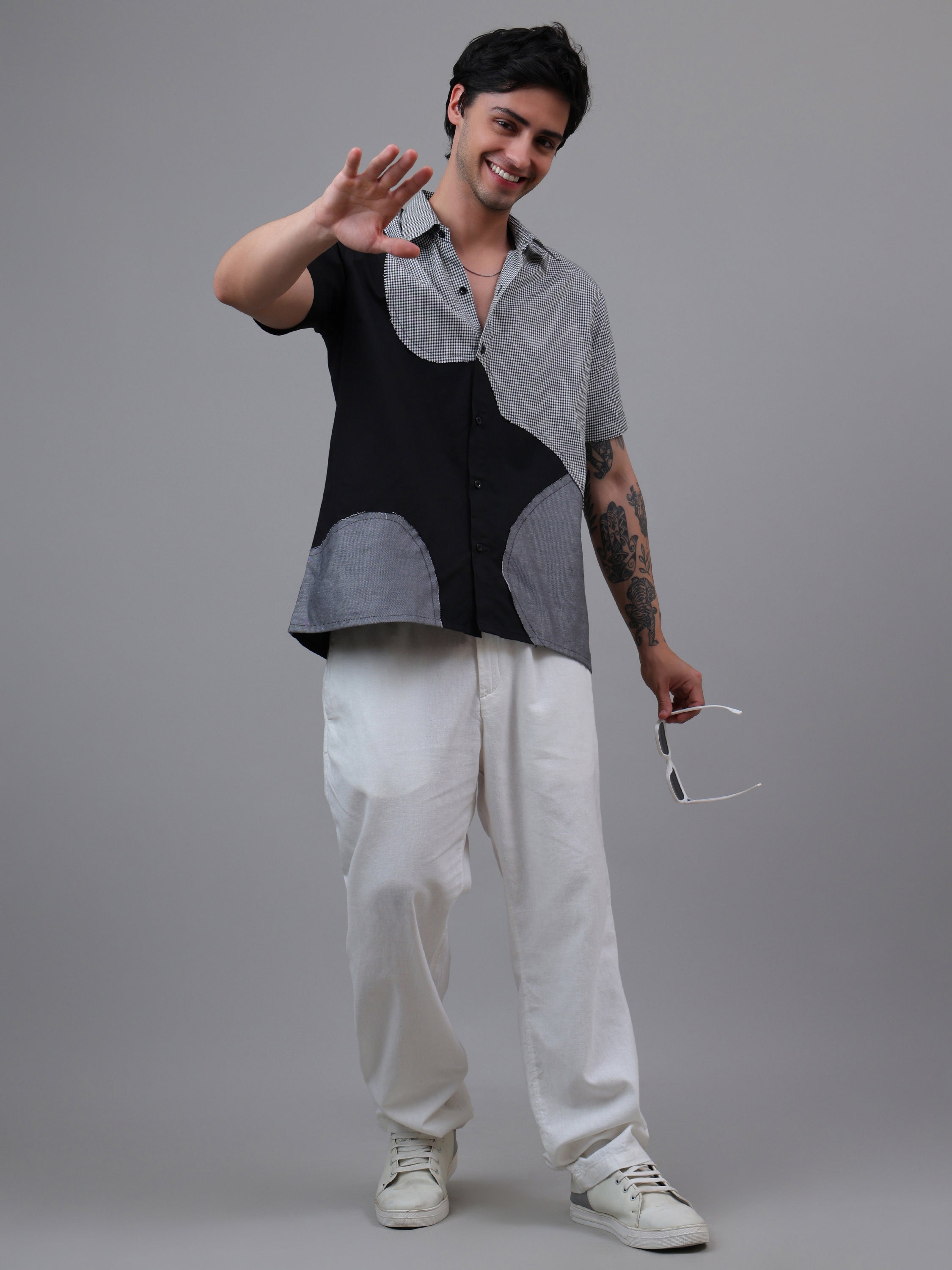 Black & Grey Dual-Tone Geometric Patch Shirt – Half Sleeve