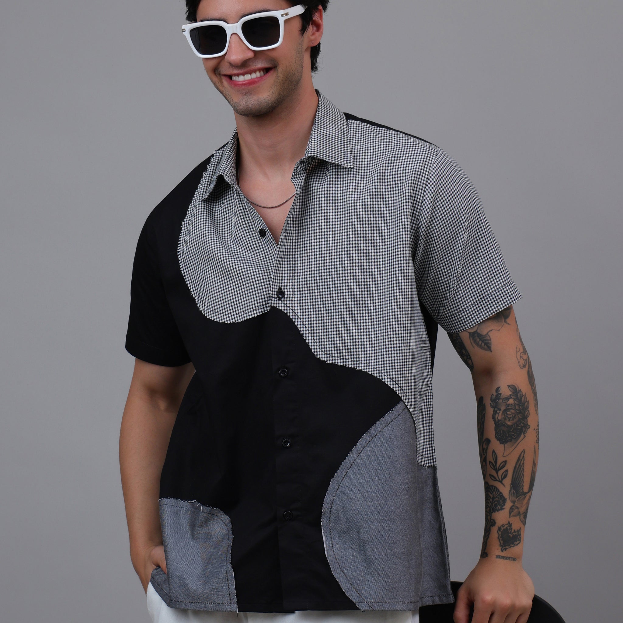 Black & Grey Dual-Tone Geometric Patch Shirt – Half Sleeve