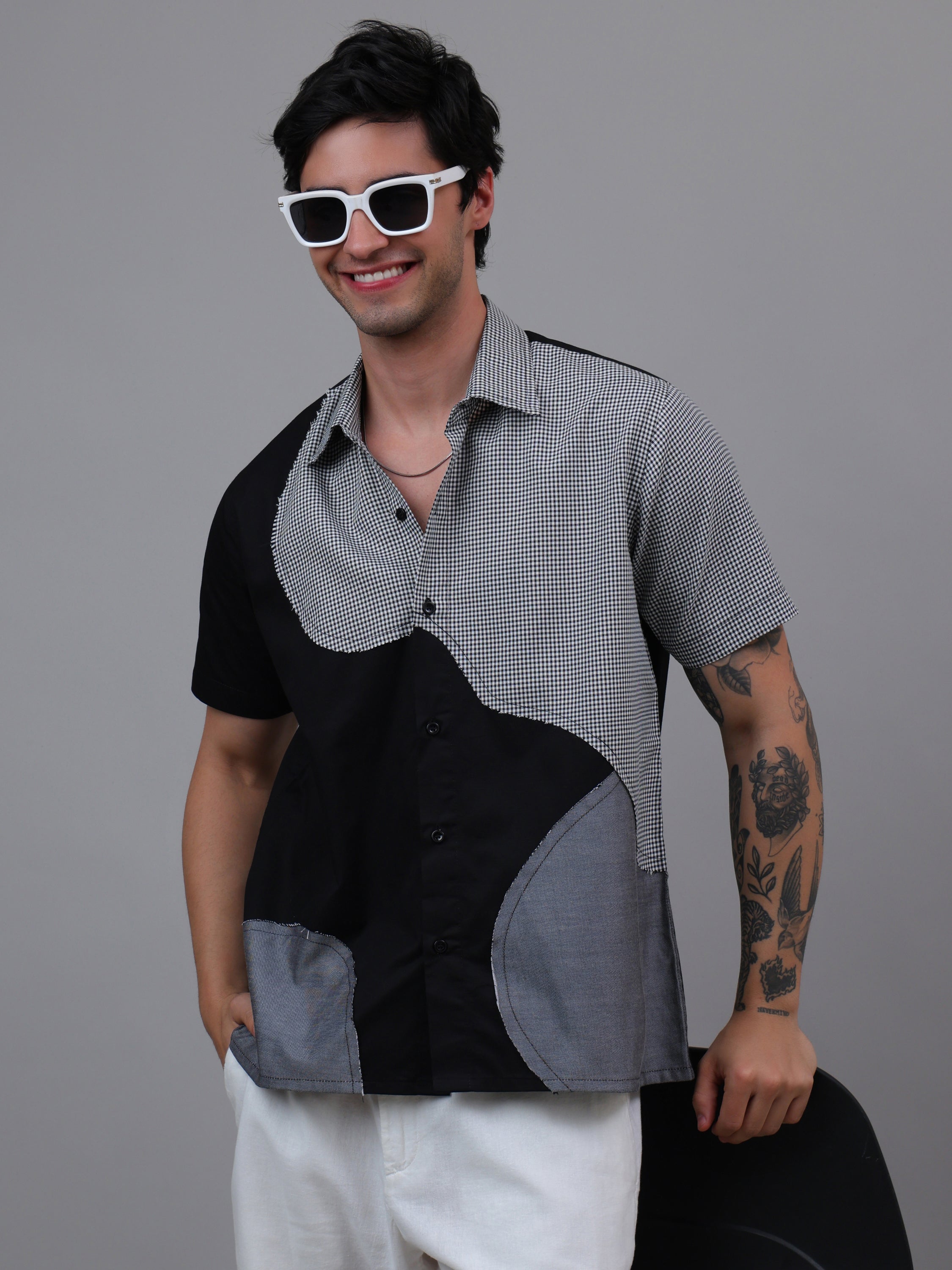 Black & Grey Dual-Tone Geometric Patch Shirt – Half Sleeve