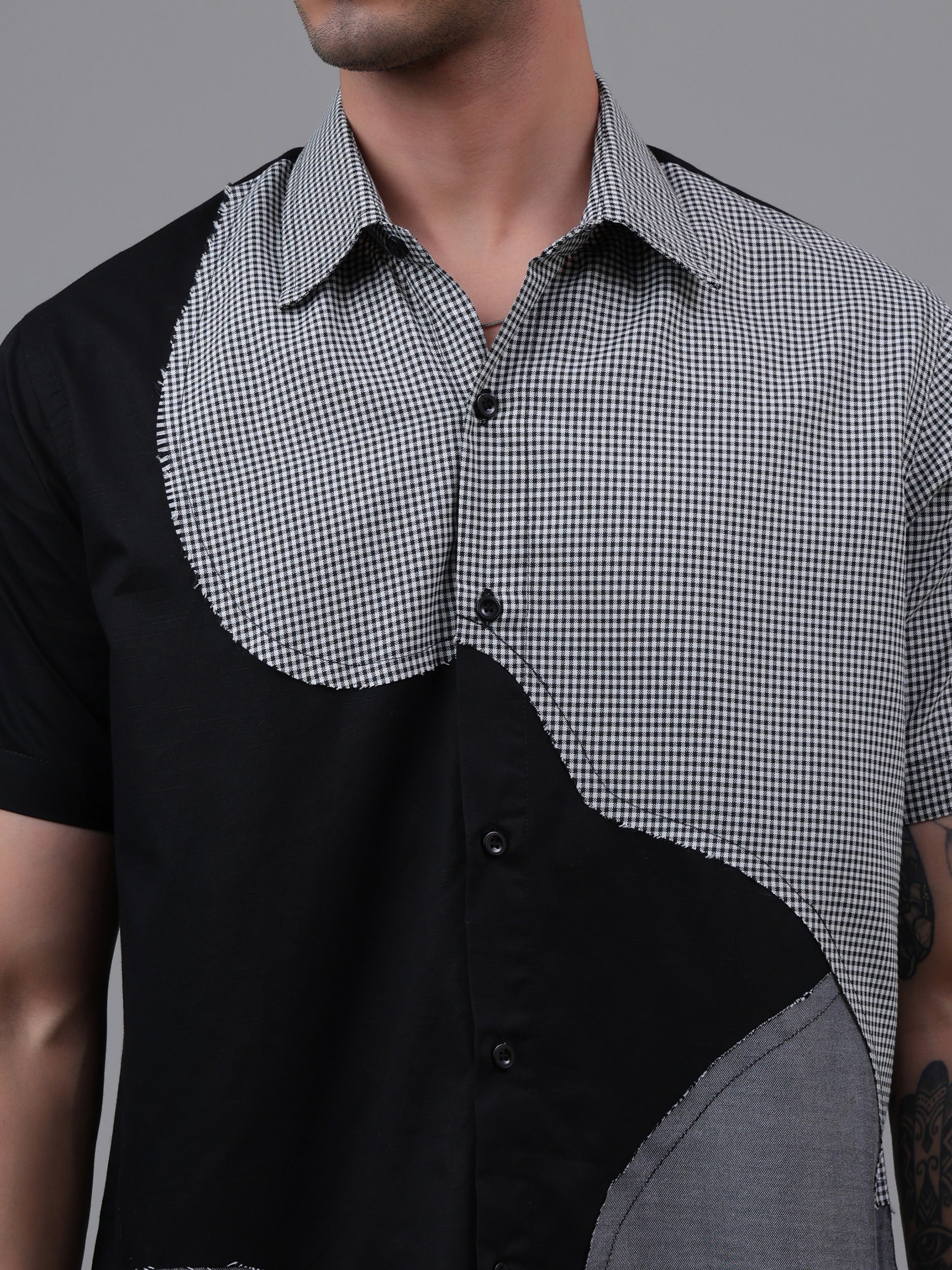 Black & Grey Dual-Tone Geometric Patch Shirt – Half Sleeve