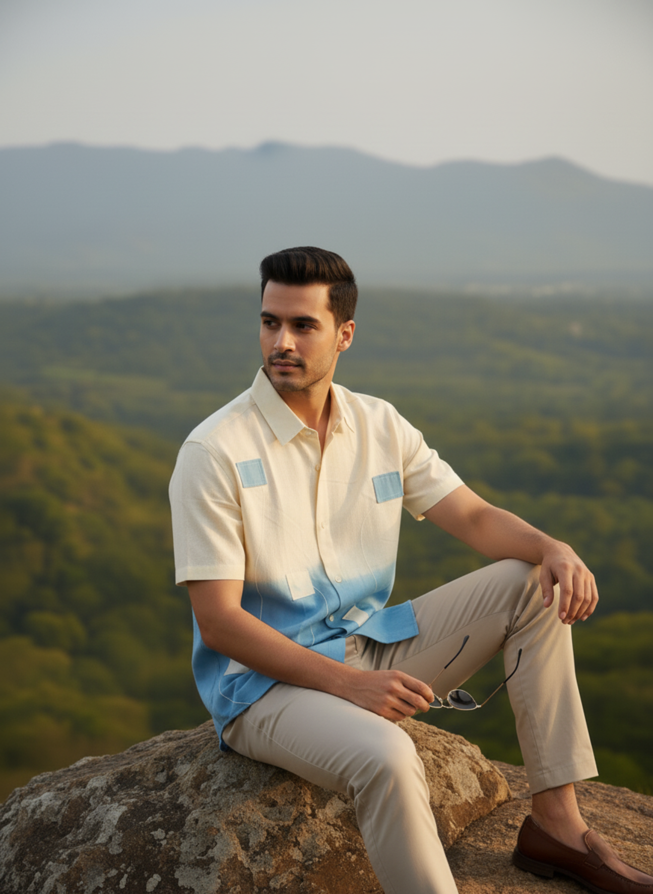 Men’s Linen Cotton Half Sleeve Shirt – Modern Ombre Fusion Style