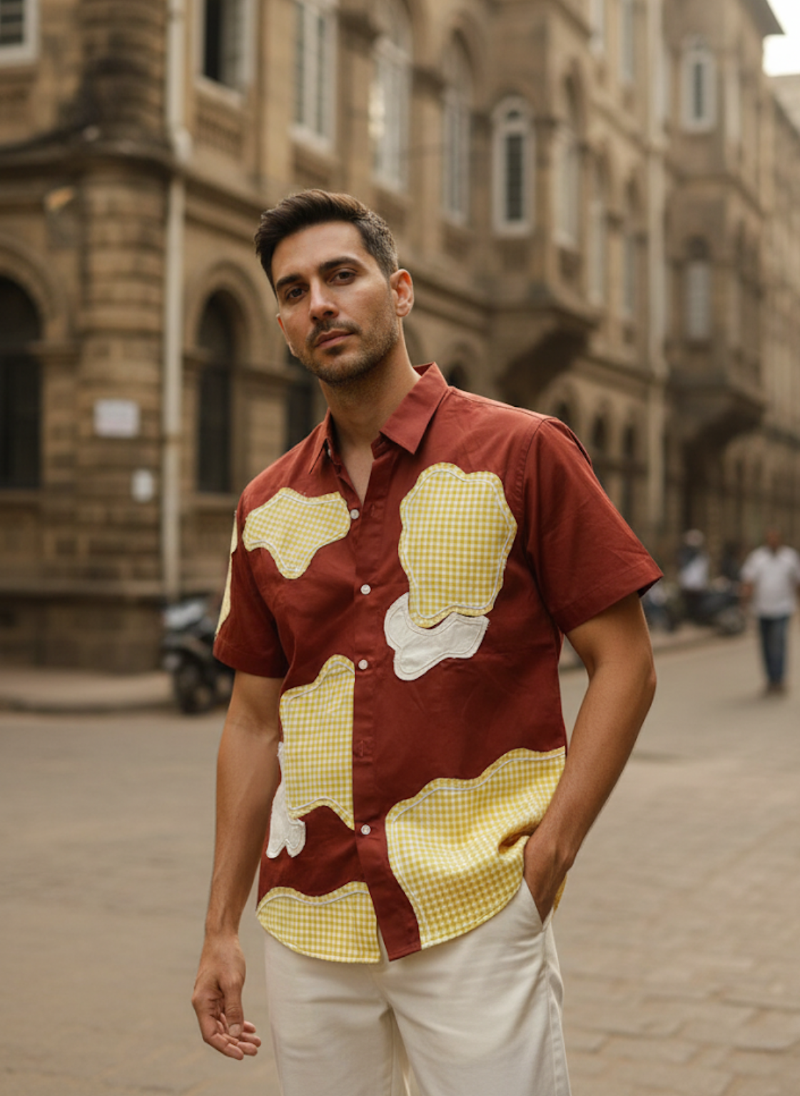 Men’s Brown Linen Cotton Shirt – Patchwork Design, Half Sleeve