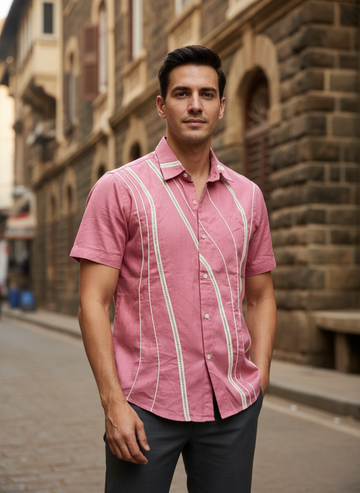 Men’s Pink Linen Cotton Shirt – Lightweight Casual with Embroidery