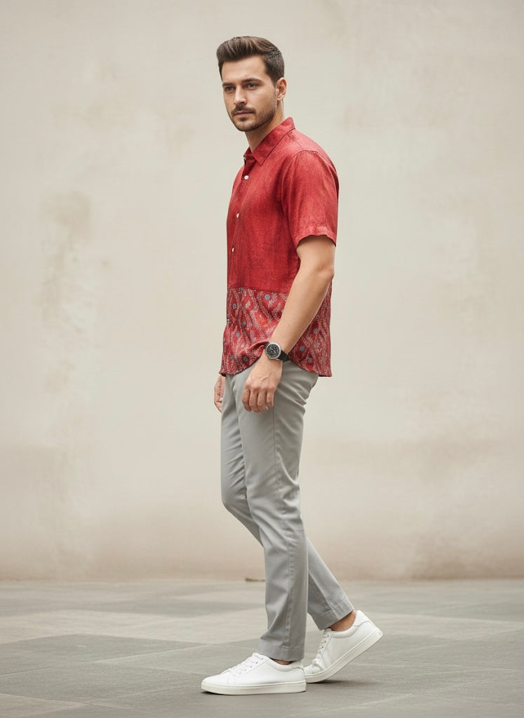 Red Satin Cotton Batik Print Shirt