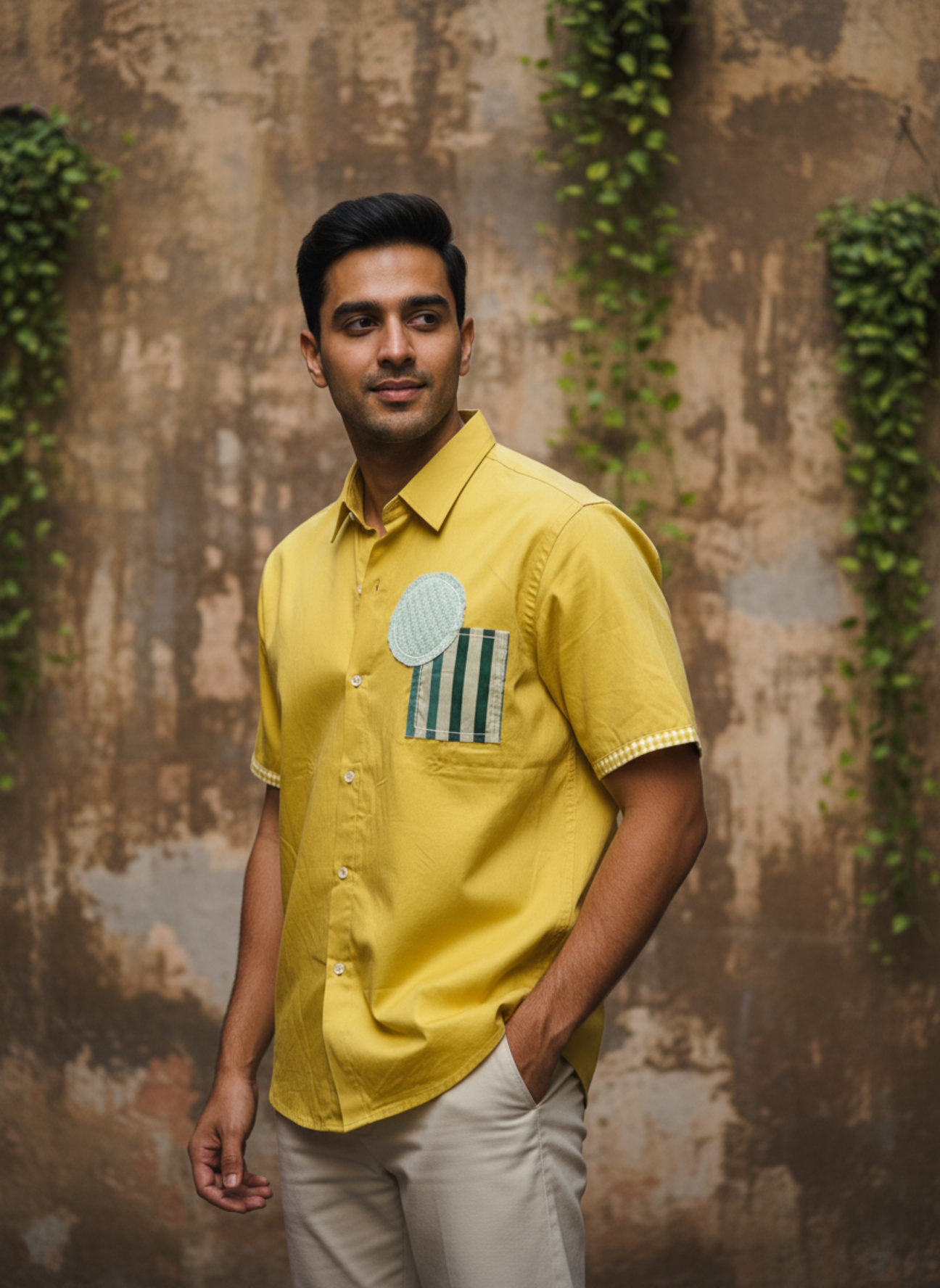 Men’s Yellow Cotton Shirt with Front & Back Patchwork Design